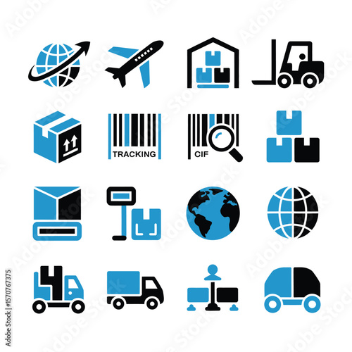 Sixteen Blue and Black Minimalist Icons Depicting Global Logistics Shipping Transportation and Warehouse Operations Including Airplane Truck Forklift Globe Barcode Box and Package Delivery
