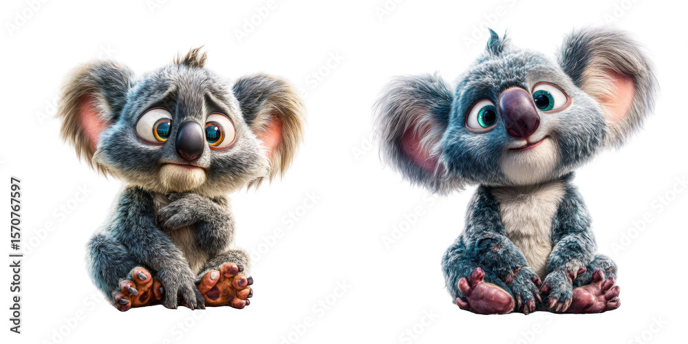 Fototapeta premium Two cartoon koalas displaying different emotions, one sad and the other one happy
