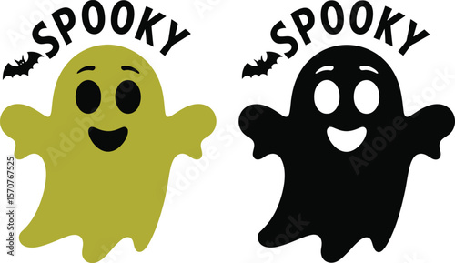 Cute Spooky Ghost Icons with Smiling Faces and Bat – Halloween Illustration