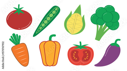 Collection of colorful cartoon vegetables including tomato broccoli carrot pepper eggplant corn and peas