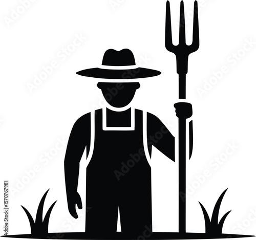 Silhouette of Farmer in overalls and hat holding a pitchfork in a field of grass illustration