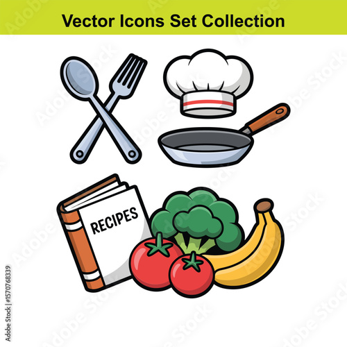 Vector icons set featuring a chef hat frying pan crossed spoon and fork and fresh ingredients like tomatoes broccoli and banana