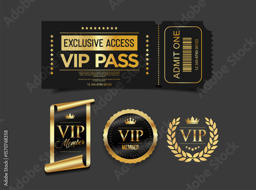 VIP Pass Ticket  Luxury Black and Gold Cinema Style Invitation or Event Access Badge