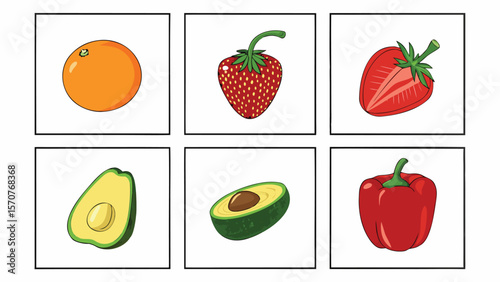 Collection of colorful cartoon fruits and vegetables in separate frames