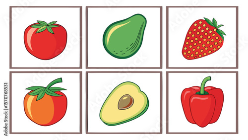 Collection of colorful cartoon fruits and vegetables in separate frames