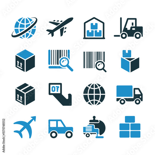 Sixteen Blue and Dark Blue Minimalist Icons Depicting Global Logistics and Supply Chain Processes Including Airplane Delivery Truck Warehouse Forklift Barcode Scanner Package Boxes and