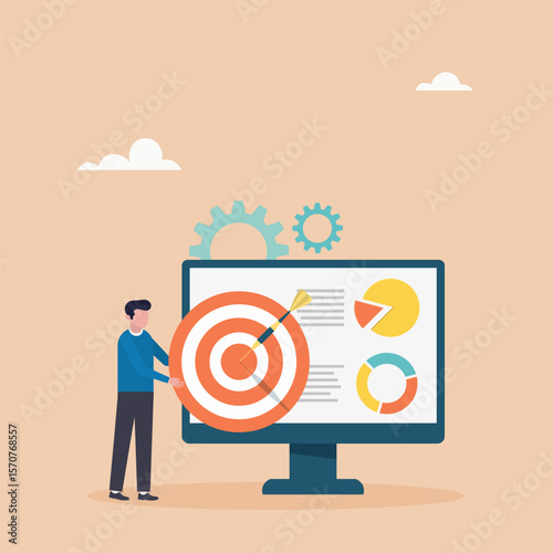 Strategic planning concept. A man analyzes data statistics, creates a development plan, improves strategy. Vector illustration.	