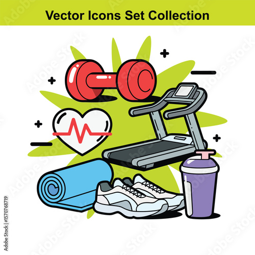 Collection of stylized vector icons representing fitness and exercise equipment