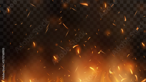 red fire sparks flying up burning glowing particles flame fire with sparks air dark night firestorm.