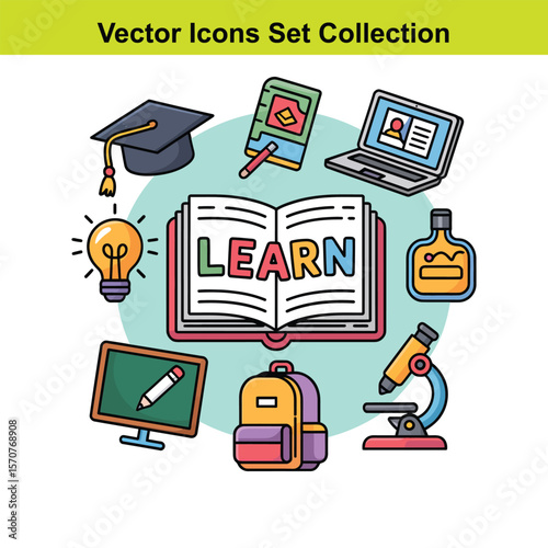 Vector art Collection of colorful education and learning icons arranged in a circle