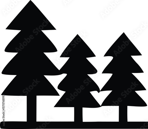 Stylized silhouette of three black fir trees standing tall on a horizontal line against a white background