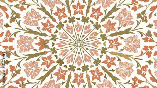 Floral pattern with symmetrical arrangement of pink flowers and green leaves design element image