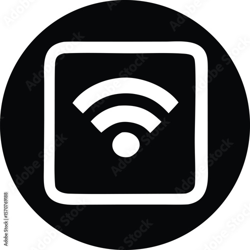 A simple bold black circular icon featuring a white square containing a classic white wi fi signal symbol with radiating waves