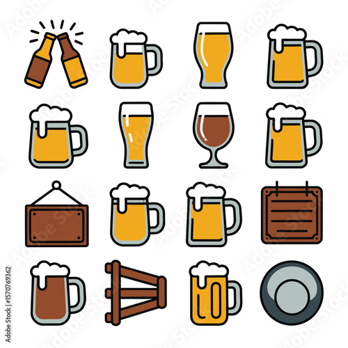Sixteen Colorful Beer Glass and Bottle Icons Collection Yellow Brown Dark Brown Beer Mug Pint Glass Steins Toasting Bottles Wooden Signboard Beer Barrel Coaster