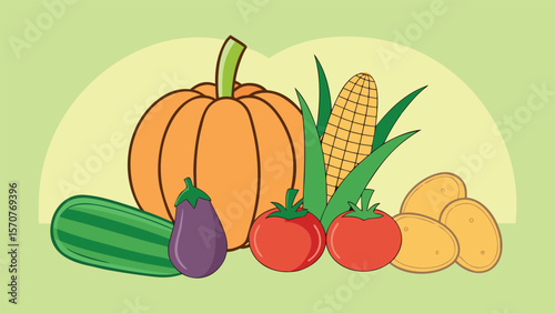 Assortment of fresh cartoon vegetables including pumpkin corn eggplant tomatoes and potatoes