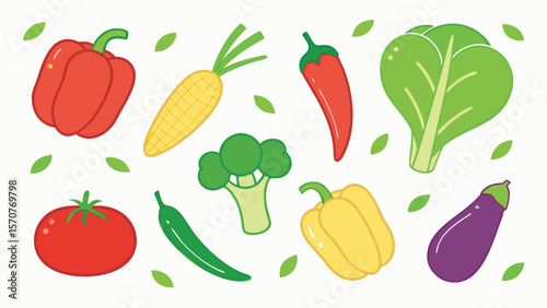 Collection of colorful cartoon vegetables including bell peppers corn tomato broccoli eggplant and chili peppers