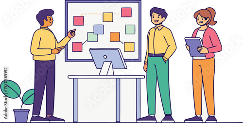 Team collaborating on a project using a whiteboard and computer