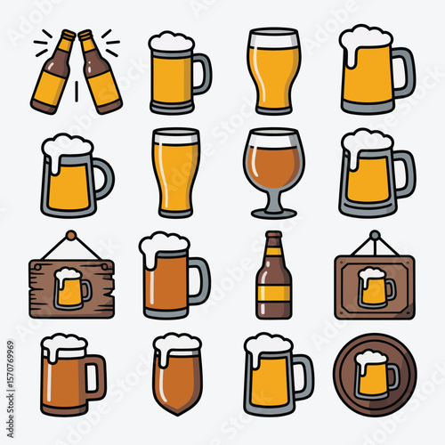 Sixteen Colorful Beer Glass and Bottle Icons Collection Yellow Orange Brown Beer Mug Pint Glass Bottle Wooden Sign Graphic Design Elements