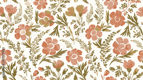 Floral pattern featuring pink flowers and green foliage scattered on a white background design element