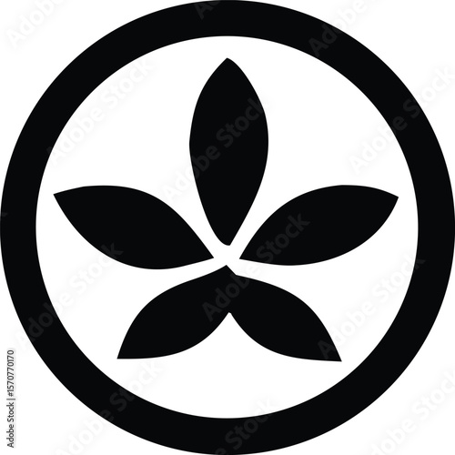 A minimalist black and white circular emblem featuring five stylized black petals radiating from a central point within a thick black border