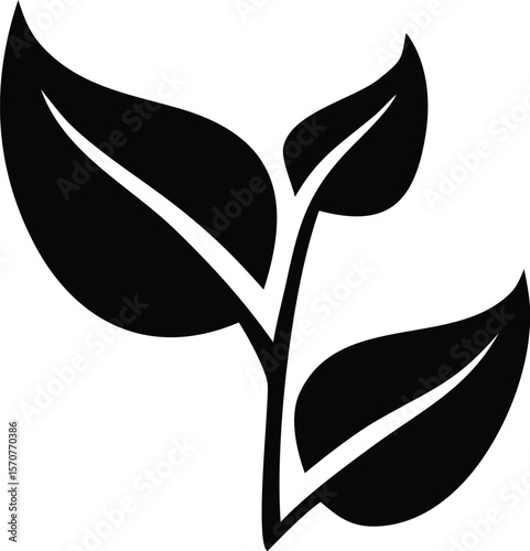 Stylized black silhouette of a young plant seedling with three leaves emerging from a central stem against a white background