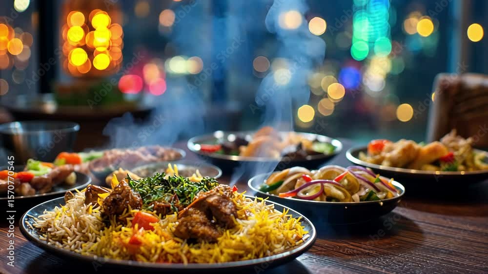 Steaming hot lamb biryani served in a traditional indian restaurant setting, A plate of steaming chicken biryani is served on a table, 4k video
