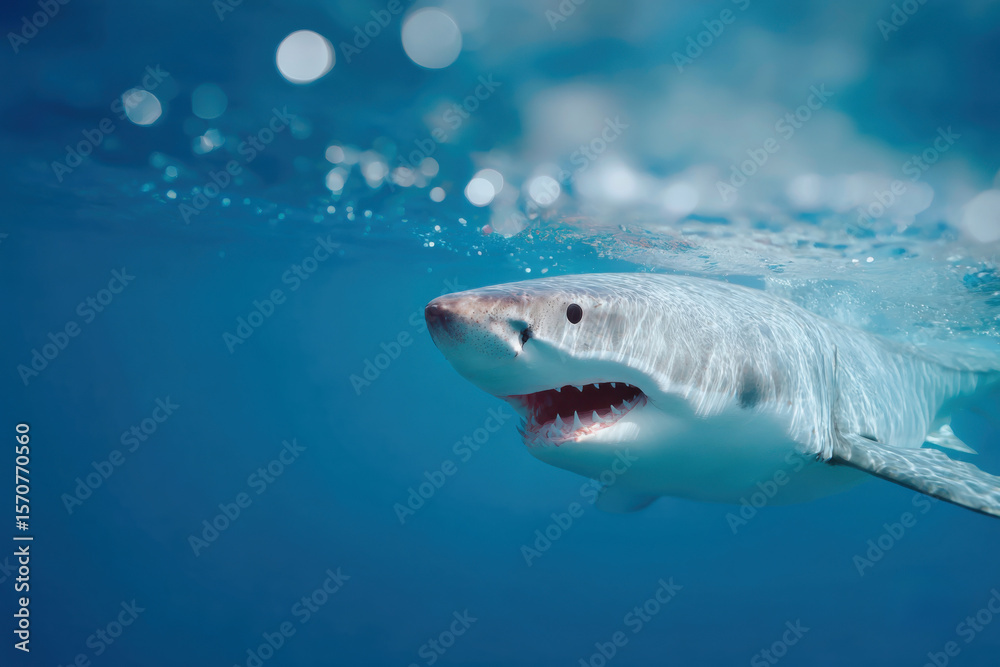 Naklejka premium Great white shark swimming near ocean surface in clear blue water