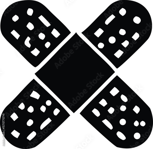 A stylized black and white graphic icon depicting a cross shape formed by four adhesive bandages with perforated openings for ventilation and adhesion