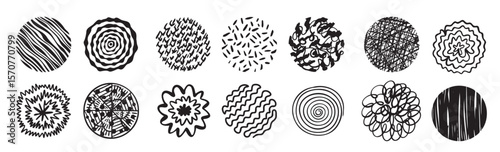 Round abstract hand drawn shapes with pattern set doodle element modern trendy circles poster.