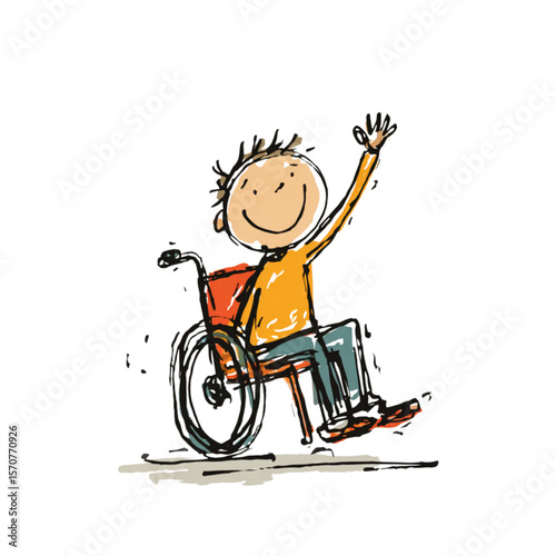 Boy in a wheelchair smiling and waving – pencil drawing