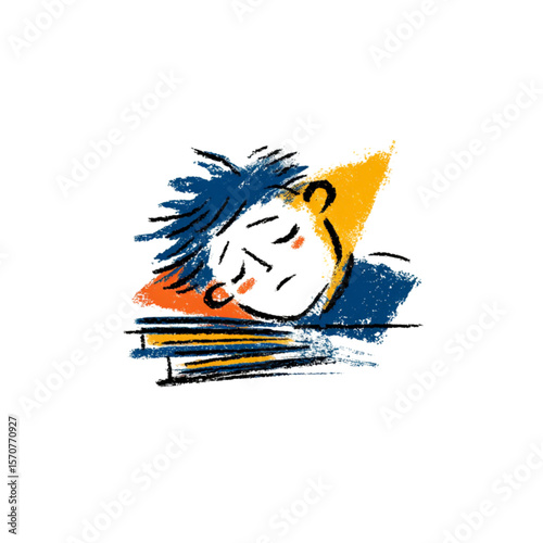 Tired student fell asleep over books - pencil drawing