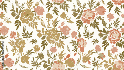 Floral pattern with roses and leaves in muted tones creating a vintage aesthetic appeal overall