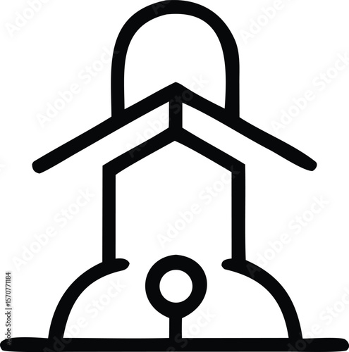 Stylized black outline of a traditional oil lamp with a rounded top and a base featuring a circular wick holder and a flat bottom line