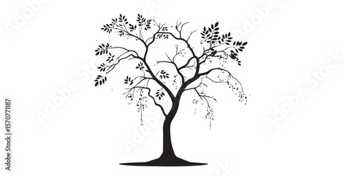 Elegant black tree silhouette with cascading golden blossoms and leaves