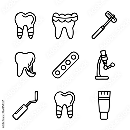 Dental care vector icon set featuring teeth and oral hygiene tools