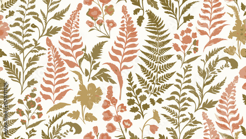 Pattern of ferns and floral elements in shades of green and coral on a light background creates a design
