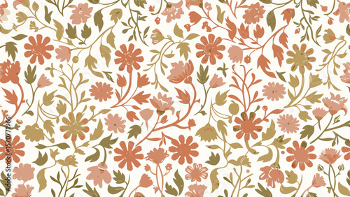 Floral pattern with a variety of flowers and leaves in shades of orange, pink, and olive green on white
