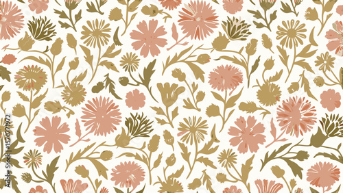 Floral pattern with pink and olive green flowers and foliage on a white background design style art