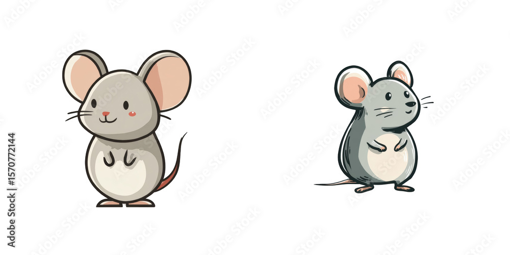 Obraz premium Two cartoon mice with grey fur and pink ears standing on a black background isolated
