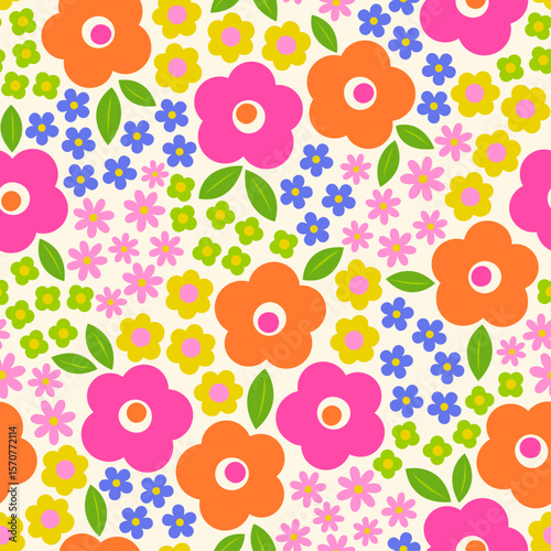 Colorful cute hand drawn flower seamless pattern design for spring season background.