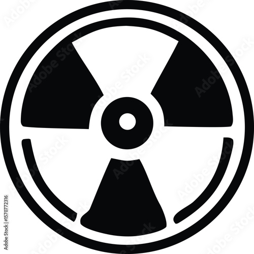 A stark black and white depiction of the universal radiation hazard symbol signifying danger and radioactivity