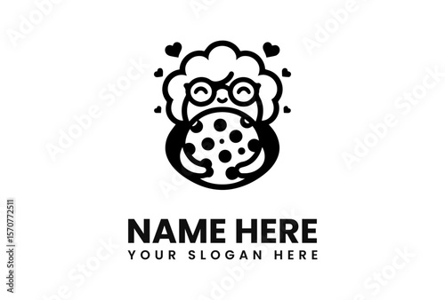 Cartoon grandma character holding a large cookie with love hearts, logo design.