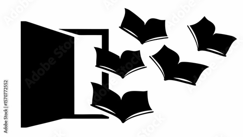 An open doorway with books floating out of it in black and white simple illustration style imagery