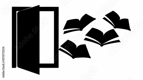 Open door with books flying out representing knowledge and learning in a black and white illustration