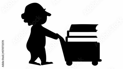 Silhouette of a person pushing a cart full of books in black and white illustration style image