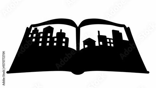 Silhouette of an open book displaying a cityscape with buildings and structures on both pages of the book