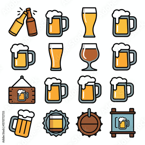 Sixteen Colorful Beer Mug and Bottle Icons Collection Yellow Orange Brown Beer Glass Stein Pint Beverage Brewery Pub Bar Ale Stout Craft Beer Symbols