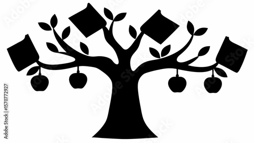 A black and white silhouette of a tree bearing apples and books hanging from its branches in the wind