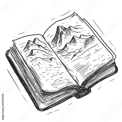 Open travel journal showcasing sketches of mountain landscapes  