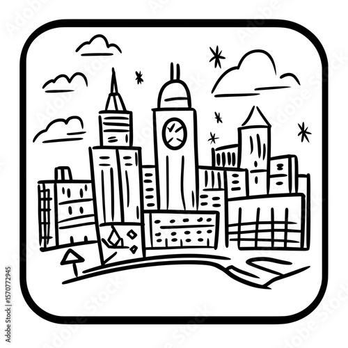 Travel app. Urban city skyline illustration with skyscrapers and clouds  